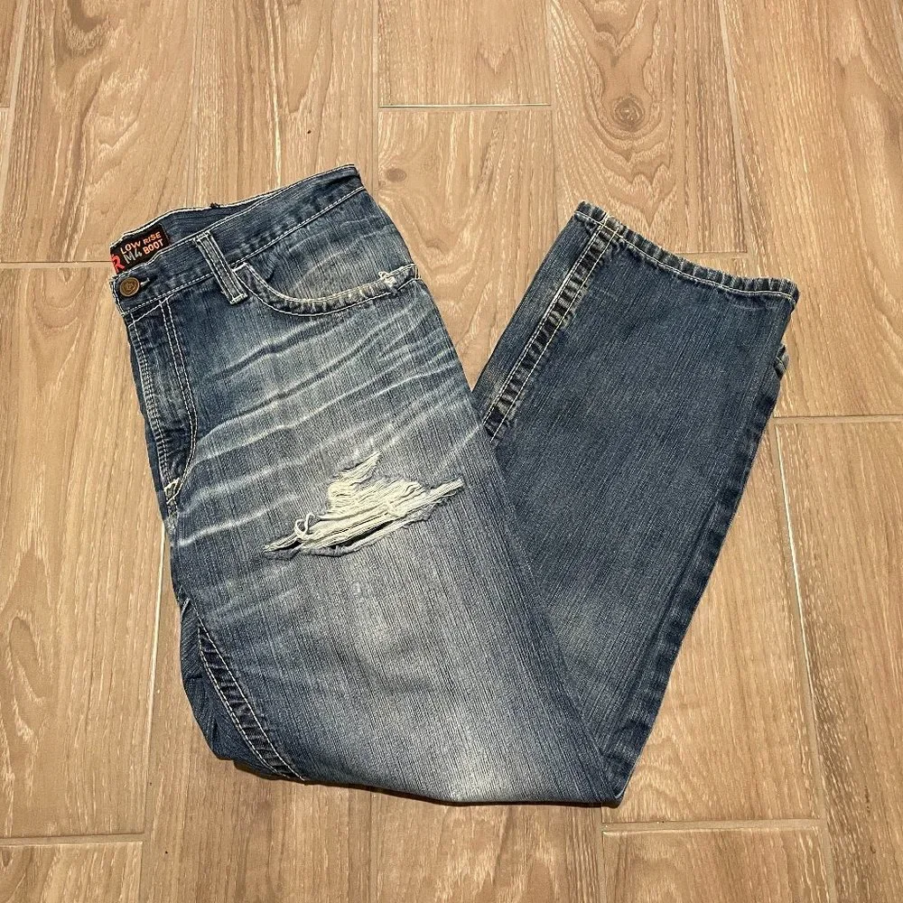 Ariat FR M4 Low-Rise Bootcut Blue Jeans Distressed Size 36x30 Light Wash